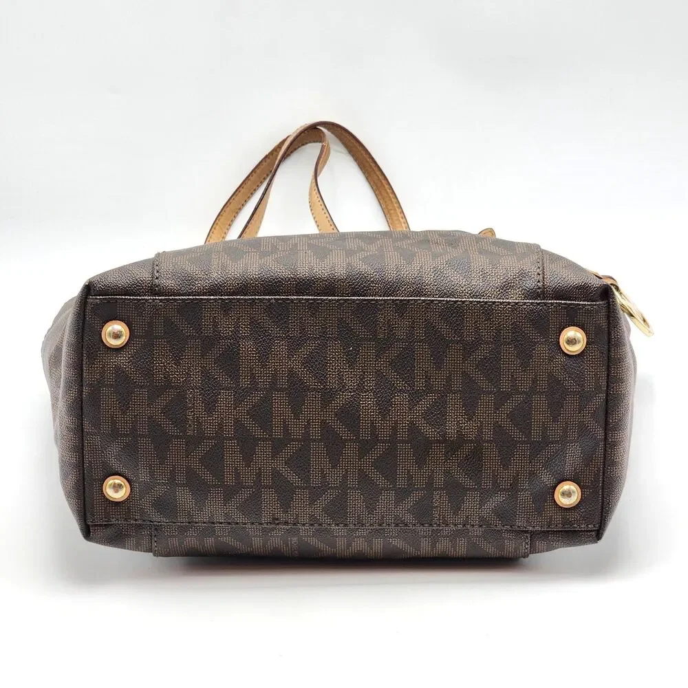 Michael Kors Coated Canvas Monogram MK Leather Trim Large Tote Bag Brown